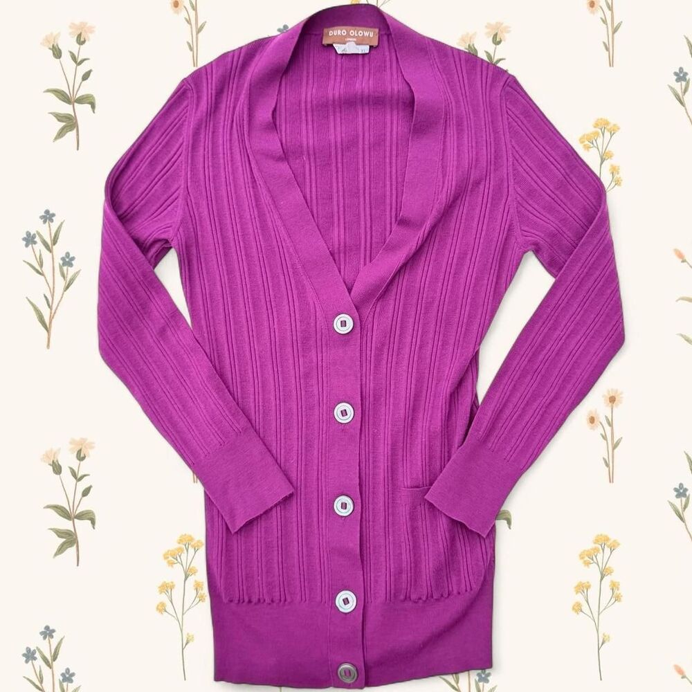 Duro Olowu London Merino Wool Ribbed Purple Cardigan Size XL
